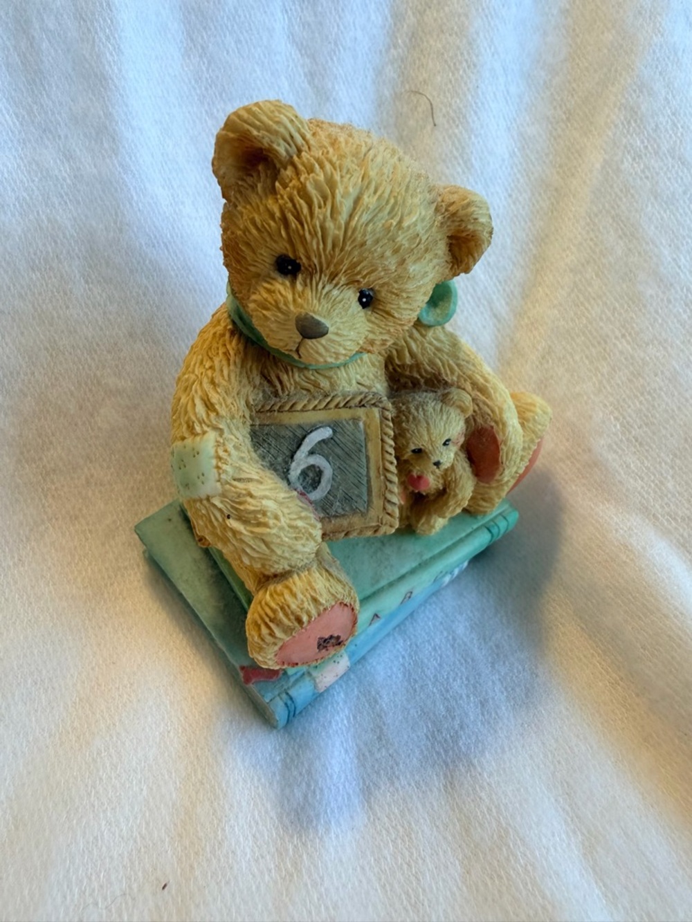 Cherished Teddies Beige Bear Figurine with Teal Accents